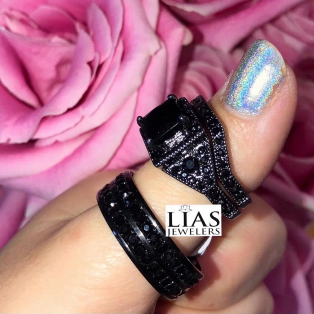 New s925 black gunmetal wedding ring set his and hers - Picture 3 of 3